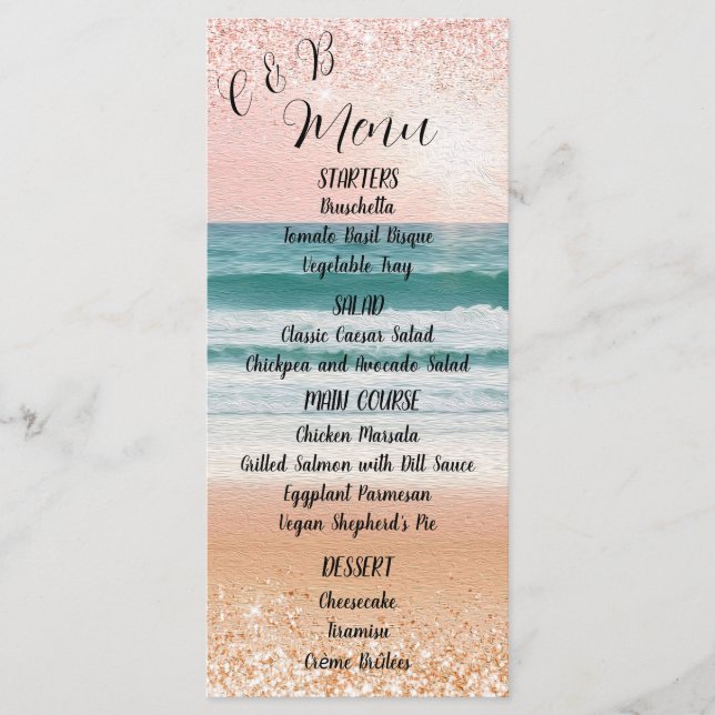 Romantik am Meer: Elegantes Beach Wedding Menu Menükarte (Vorderseite)