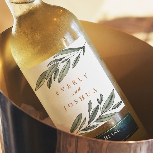 Romantik Evergreen Weinetikett (Romantic Evergreen watercolor botanical wedding wine bottle label)