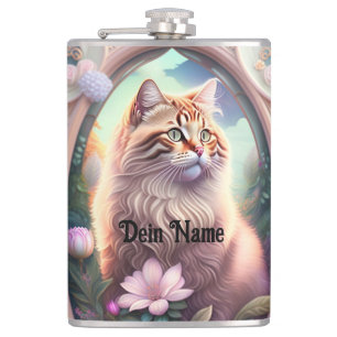 Romantik Katze mit Blumen Flachmann