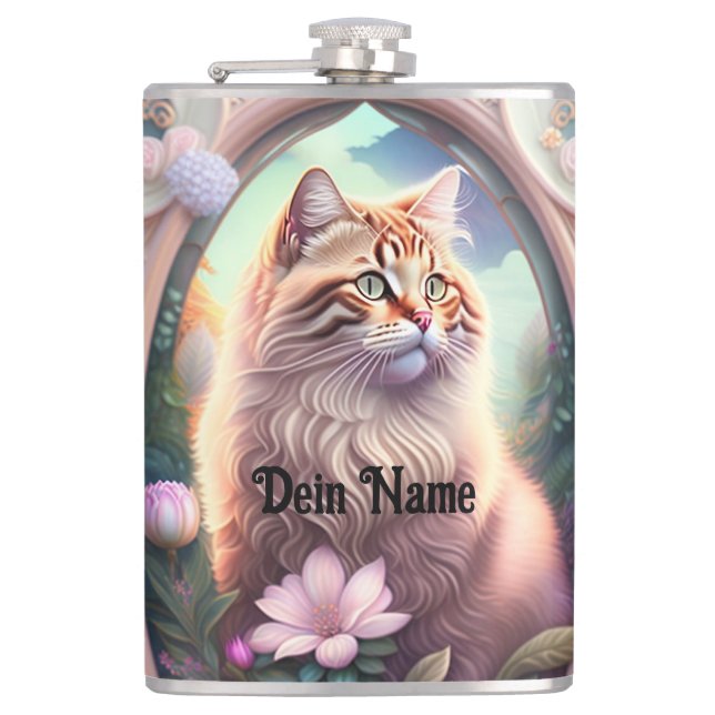 Romantik Katze mit Blumen Flachmann (Vorderseite)