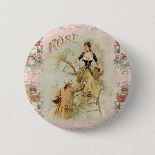 Romantik Paris Lovers rosa Shabbychic Button (Vorderseite)