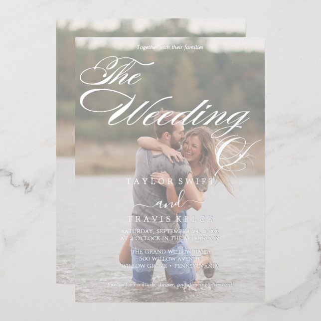 Romantik | Silber Foil Faded Foto Wedding Folieneinladung (Vorderseite/Rückseite)