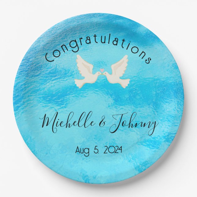 Romantik - zwei Tauben mit rosa Herz auf blau Pappteller (Vorderseite)