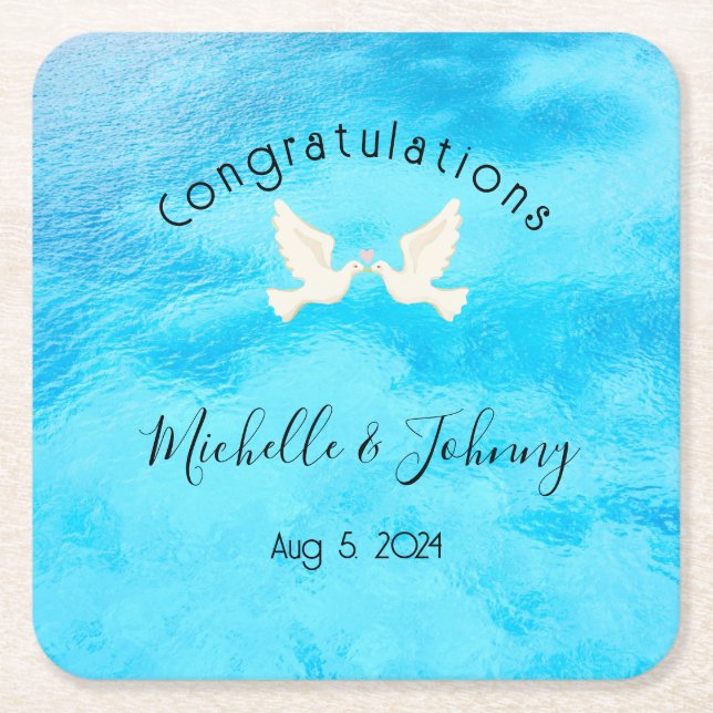 Romantik - zwei Tauben mit rosa Herz auf blau Rechteckiger Pappuntersetzer (Vorderseite)