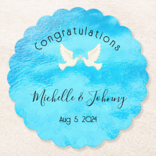 Romantik - zwei Tauben mit rosa Herz auf blau Untersetzer