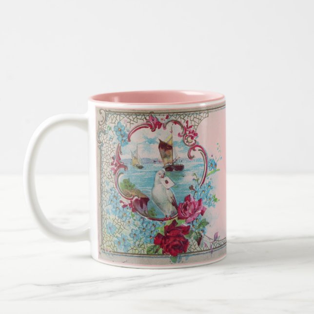 ROMANTIKA, BLAUE GREEN PINK BLUMENFLORALE ROSE MIT ZWEIFARBIGE TASSE (Links)