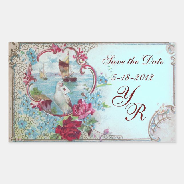 ROMANTIKA MONOGRAM, Save the Date, blau Rechteckiger Aufkleber (Vorderseite)