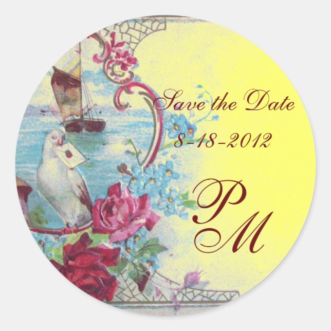 ROMANTIKA MONOGRAM, Save the Date, gelb Runder Aufkleber (Vorderseite)