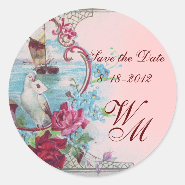 ROMANTIKA MONOGRAM, Save the Date, rosa Runder Aufkleber (Vorderseite)
