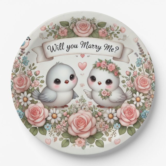 Romantisch "Heiraten Sie mir?" Lovebird Papierplat Pappteller (Vorderseite)