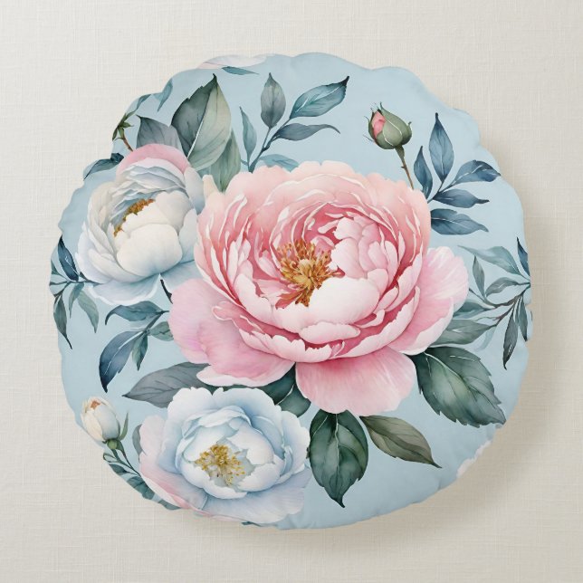 Romantisch Light Blue Pink Peony Floral Rundes Kissen (Vorderseite)