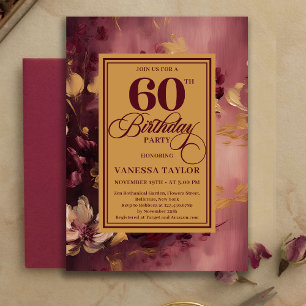 Romantische 60. Geburtstag Burgunder Florale Gold Einladung
