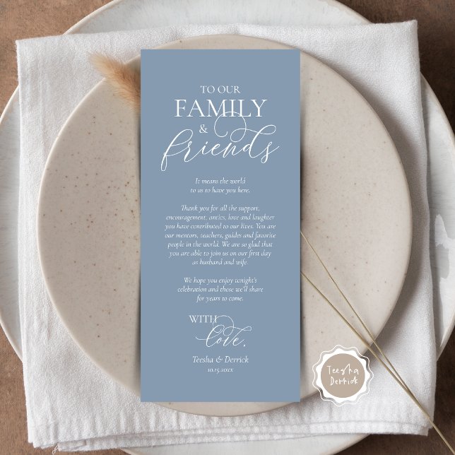 Romantische Abendstimmung mit Karte (Wedding Place Setting Thank You Card, Romantic Script, Dusty Blue.)