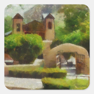 ROMANTISCHE ALTE KIRCHE, NEW MEXIKO. QUADRATISCHER AUFKLEBER