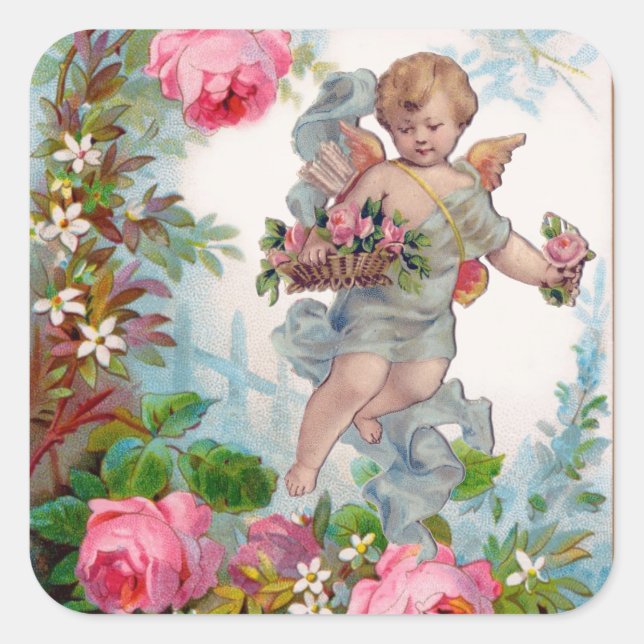 ROMANTISCHE ANGEL ANSAMMLUNG PINK ROSES UND BLUME QUADRATISCHER AUFKLEBER (Vorderseite)