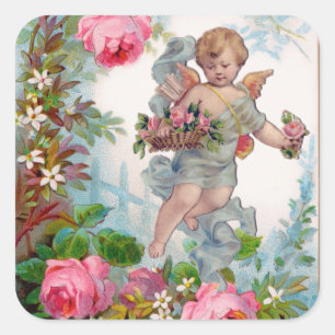 ROMANTISCHE ANGEL ANSAMMLUNG PINK ROSES UND BLUME QUADRATISCHER AUFKLEBER