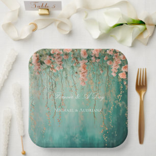 Romantische Aquamarin Blush Peach Blume Hochzeit Pappteller