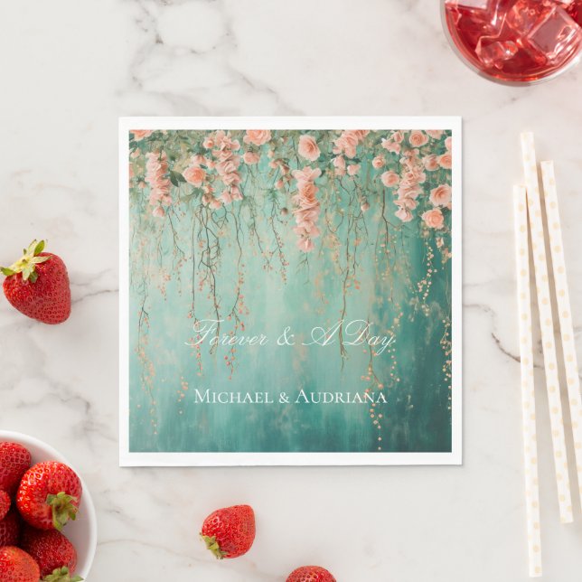 Romantische Aquamarin Blush Peach Blume Hochzeit Serviette (Beispiel)