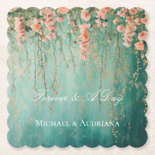 Romantische Aquamarin Blush Peach Blume Hochzeit Untersetzer