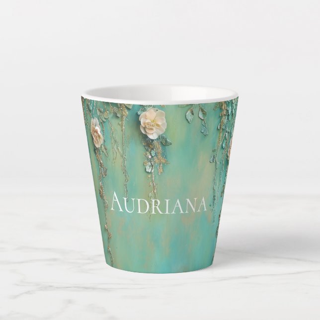 Romantische Aquamarin Blush Pink-Blume Milchtasse (Vorderseite)