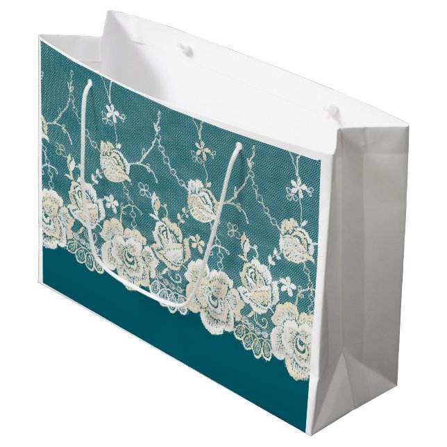 Romantische Aquamarin-grüne blaue Lace Blumenhochz Große Geschenktüte (Vorderseite Schrägansicht)