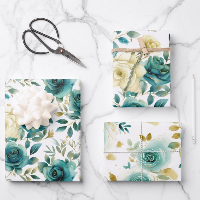 Romantische Aquamarine grüne Creme Rose Blumen Geschenkpapier Set (Vorderseite)