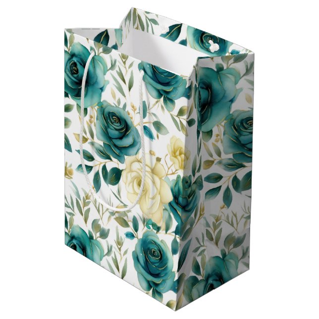 Romantische Aquamarine grüne Creme Rose Blumen Mittlere Geschenktüte (Rückseite Schrägansicht)