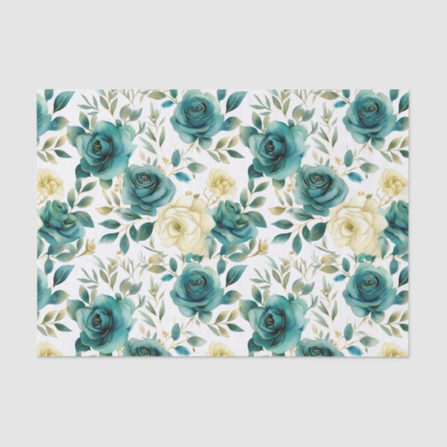 Romantische Aquamarine grüne Creme Rose Blumen Seidenpapier (Vorderseite)