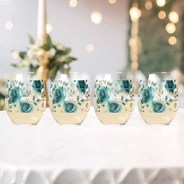Romantische Aquamarine grüne Creme Rose Blumen Weinglas Ohne Stiel (Insitu (Hochzeit))