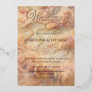 Romantische Aquarell-Blumen-Perlen-Federn-Hochzeit Folieneinladung