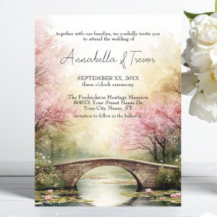 Romantische Aquarell-Brücke & rosa Blüten Hochzeit Einladung