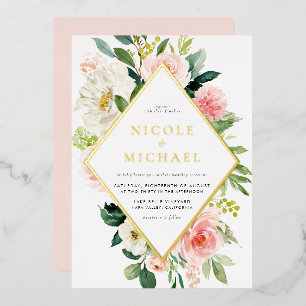 Romantische Aquarell-Gartenblumen-Hochzeit Folieneinladung
