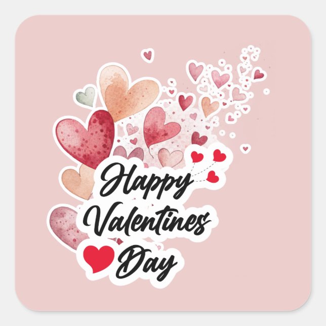Romantische Aquarell-Herzen "Frohen Valentinstag" Quadratischer Aufkleber (Vorderseite)