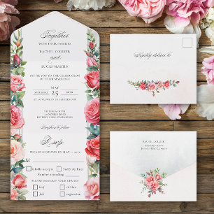 Romantische Aquarell-Rosa-Rosen & Kalligrafie All In One Einladung