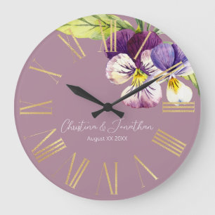 Romantische Aquarell-Veilchen auf Lila Große Wanduhr