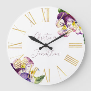 Romantische Aquarell-Veilchen Große Wanduhr