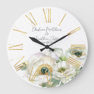Romantische Aquarell Weiße Ranunkel Große Wanduhr