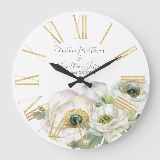 Romantische Aquarell Weiße Ranunkel Große Wanduhr (Vorderseite)
