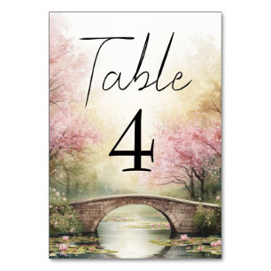Romantische Aquarellbrücke & rosa Blüten Hochzeit Tischnummer