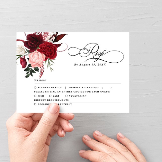 Romantische Aquarellfarbe Burgund Floral Wedding R RSVP Karte (Von Creator hochgeladen)