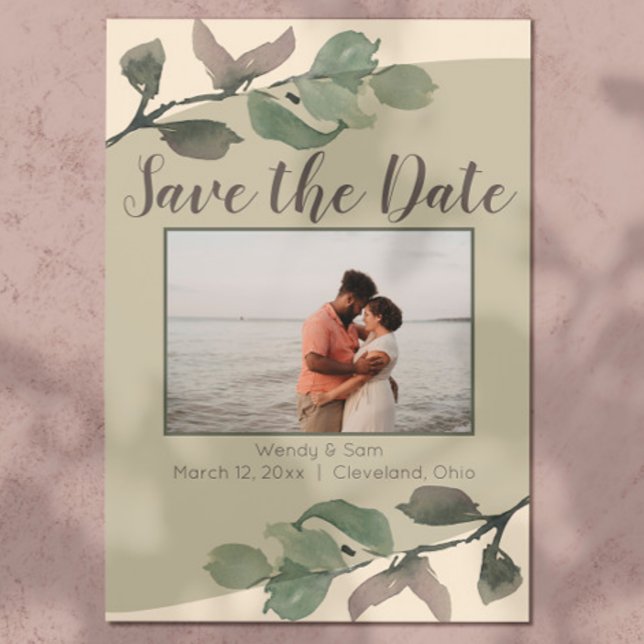 Romantische Aquarellfarben-Blätter, die das Datum  Save The Date (Romantic & sweet, this sage & cream watercolor leaf save the date is a great start to your wedding!)