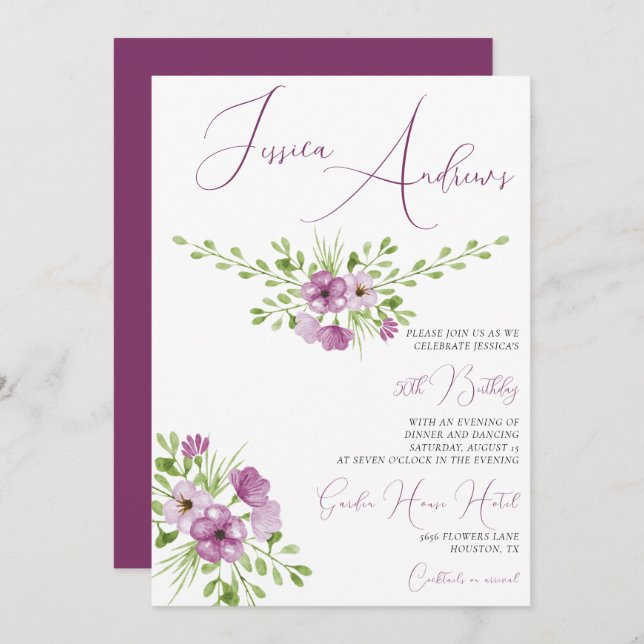 Romantische Aquarellfarben Blume 50. Geburtstag Einladung (Vorne/Hinten)