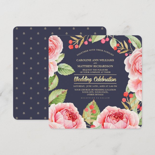 Romantische Aquarellfarben-Blume Hochzeit von Navy Einladung (Vorne/Hinten)