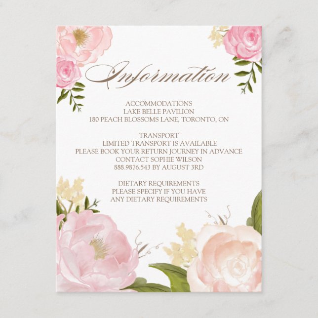 Romantische Aquarellfarben-Blume Hochzeitsinformat Begleitkarte (Vorderseite)