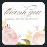 Romantische Aquarellfarben-Blume Vielen Dank Quadratischer Aufkleber<br><div class="desc">Whimsical danke Ihnen Aufkleber mit schönen Aquarellabbildungen von Pfingsten und Rose. Das ist Teil einer Hochzeitssuite. Matching-Elemente sind verfügbar.</div>