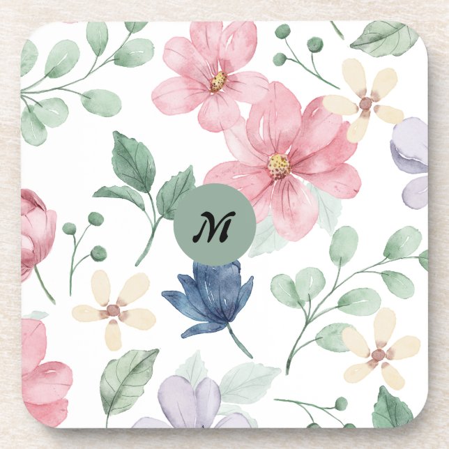 Romantische Aquarellfarben Rosa Blume Mit Monogram Getränkeuntersetzer (Vorderseite)