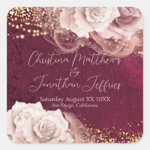 Romantische Aquarellfarben-Rose auf Burgunder Hoch Quadratischer Aufkleber