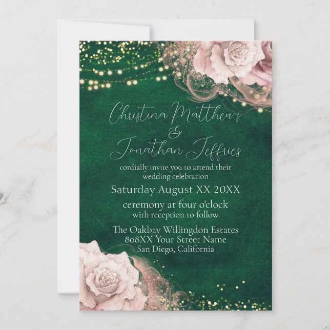 Romantische Aquarellfarben-Rose auf der Grünen Hoc Einladung (Vorderseite)