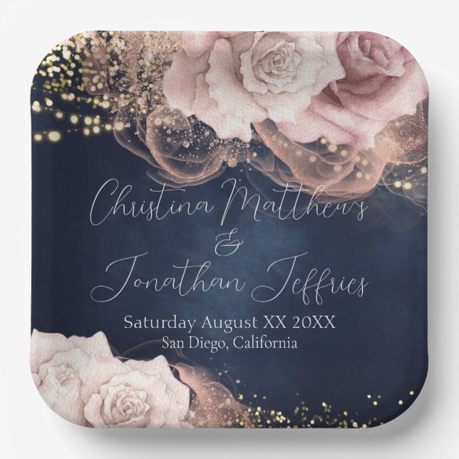 Romantische Aquarellfarben-Rose auf Moody Blue Wed Pappteller (Vorderseite)
