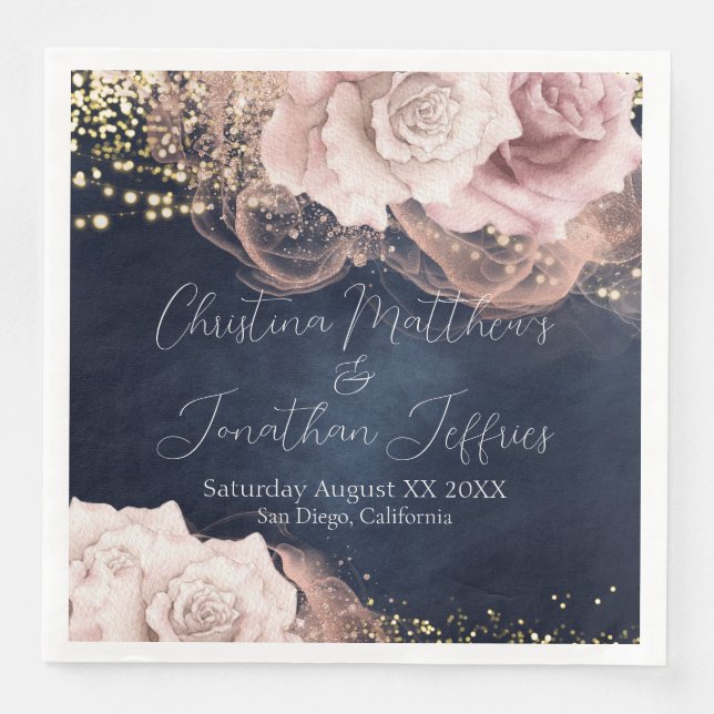 Romantische Aquarellfarben-Rose auf Moody Blue Wed Serviette (Vorderseite)